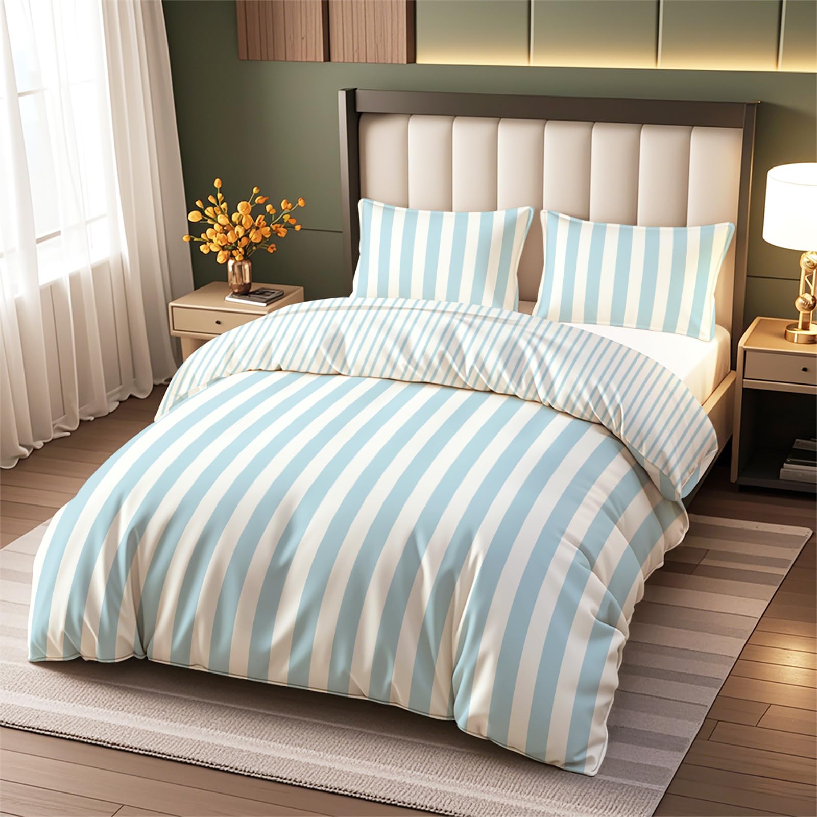 Vryxel Striped Bedding Double Duvet Cover Set Bed Zipper Blue White 200×200CM — image 1