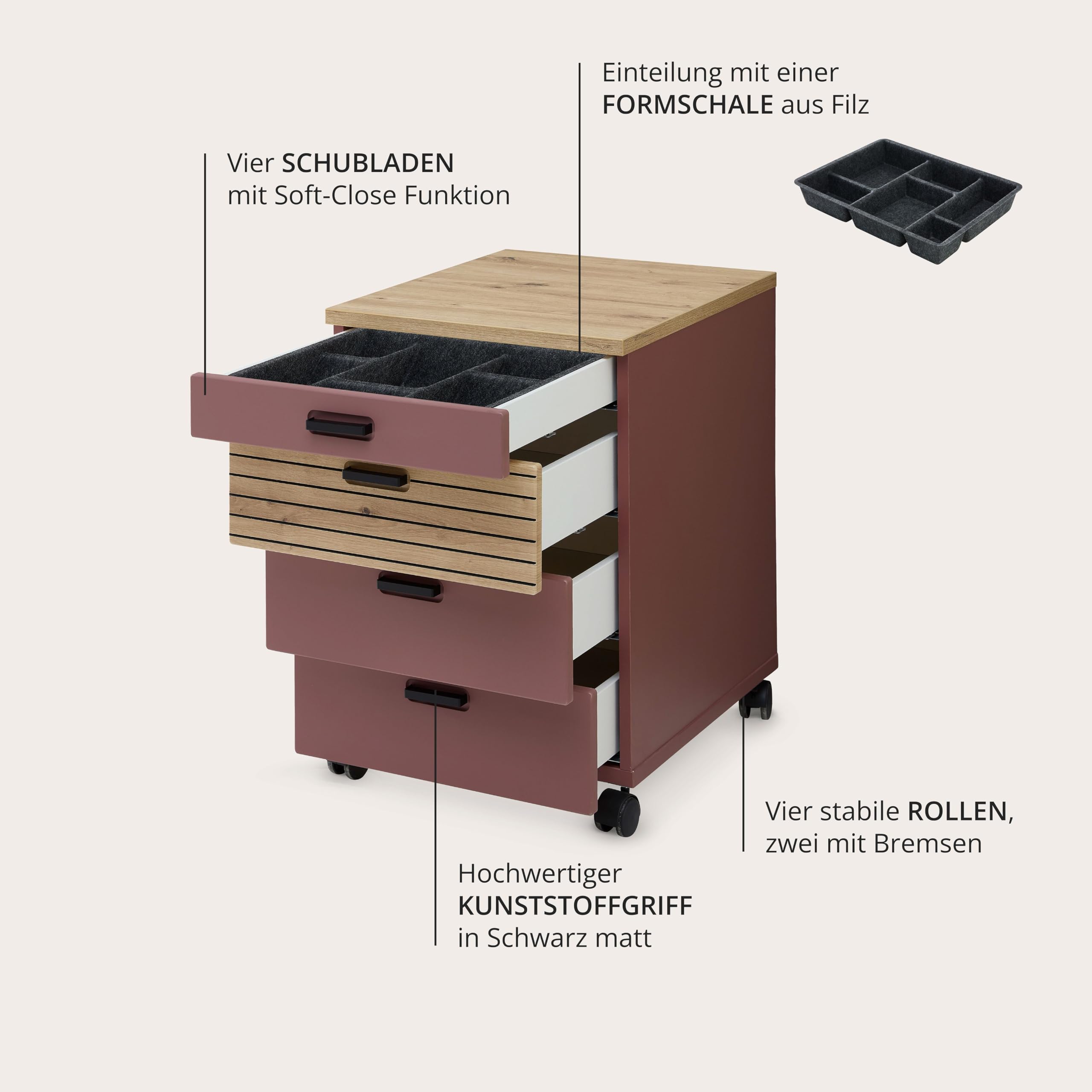 GLENN Rollcontainer Schreibtisch Rusty Red Artisan Eiche Optik | 45 x 66 x 55 cm (B/H/T), 4 Schubkästen, Lamellenoptik, 4 Rollen mit Bremse, abnehmbarer Sockel, Büro
