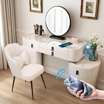 Dressing Table with Adjustable LED Lighting Dressing Table with Mirror 3 Adjustable Brightnesses Modern Cosmetic Table with 5 Drawers White - Black Legs - 01 100 cm