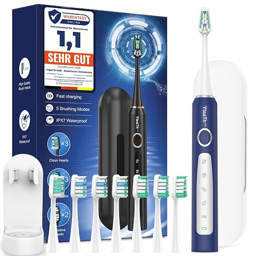 Sonic Electric Toothbrush for Men - Adult Sonic Electric Toothbrush with 8 Heads and Travel Case, 5 Modes, IPX7 Waterproof, Rechargeable Electric Travel Toothbrush, Blue