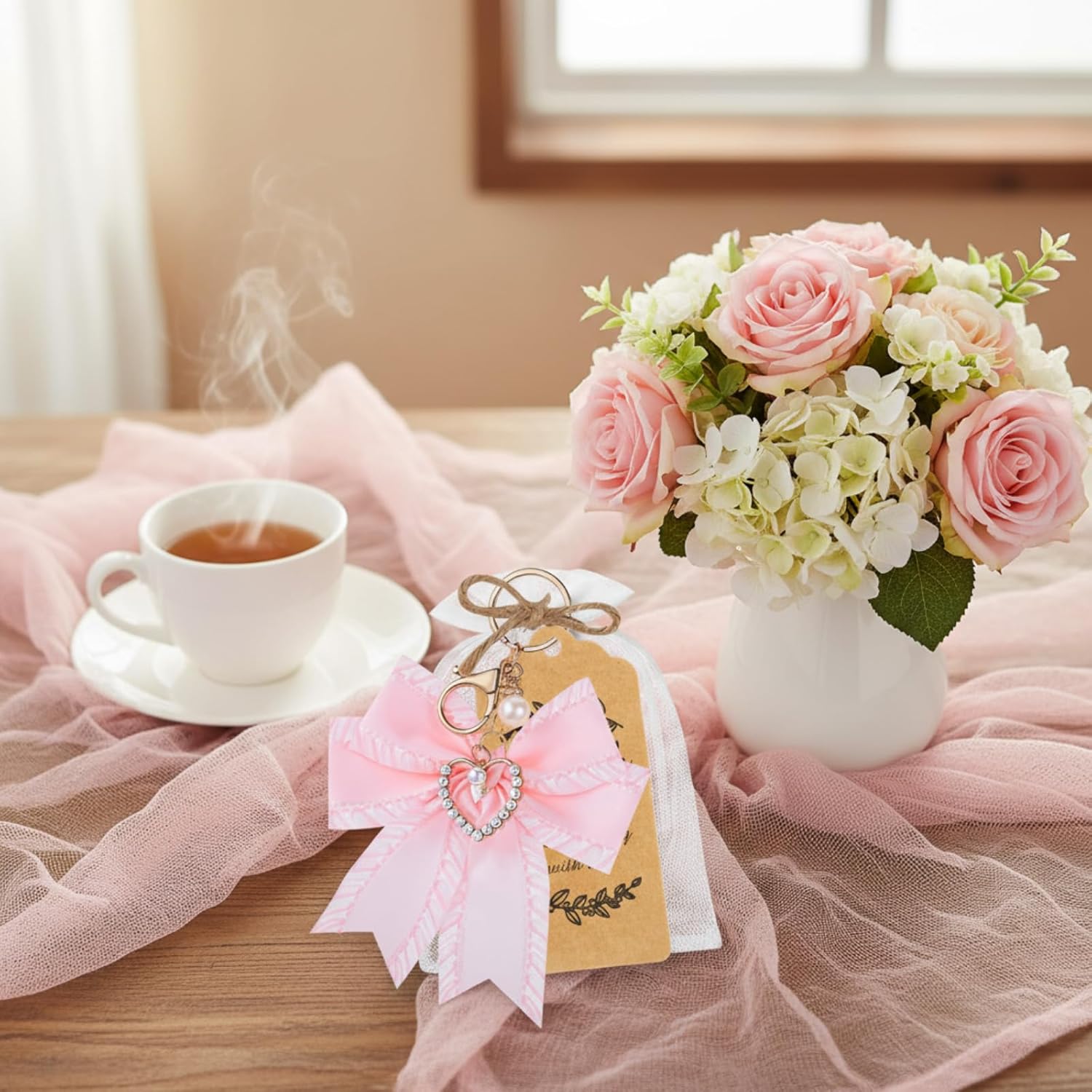 20 Set Pearl Bow Keychain Party Favor Bulk Steel Keyring Charm Accessories Souvenir Present Kraft Tag Organza Bag for Guest Baptism Bridal Shower Valentine Coquette Wedding Gift(Pink) - Image 5