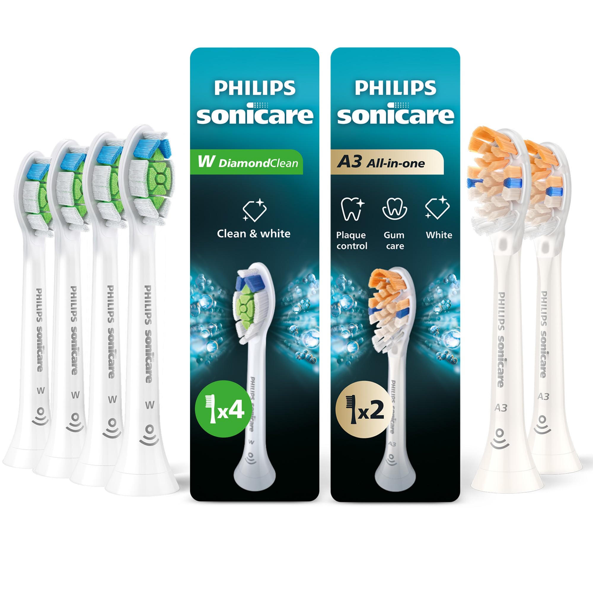 Philips Sonicare Paquete mixto con Premium All-in-One (A3), 2 unidades + Diamond Clean (W2), 4 unidades, cabezales de cepillo de dientes eléctrico de repuesto, blanco, BD9006AZ