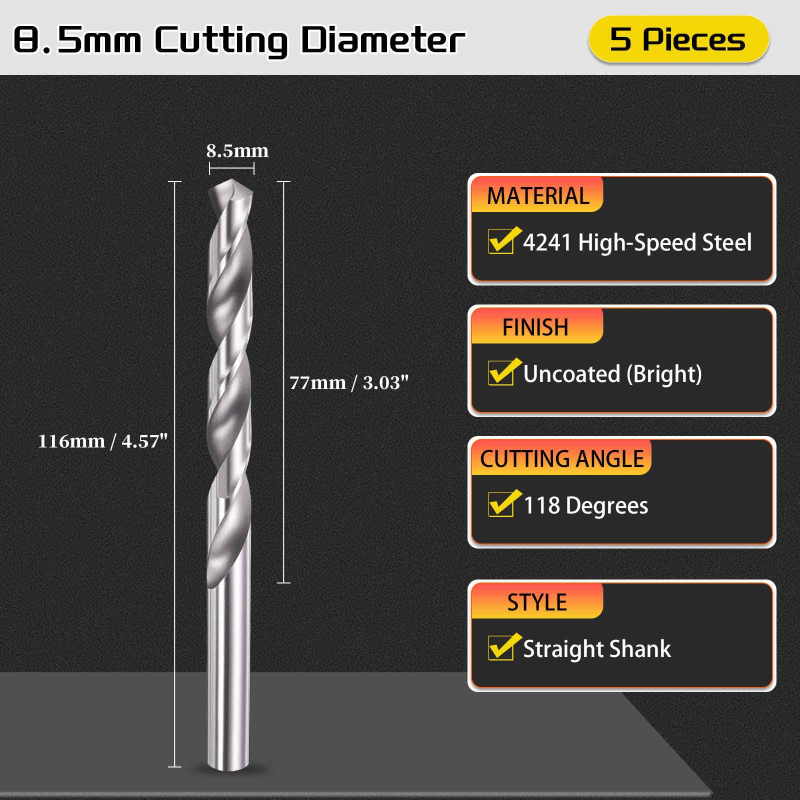 CoCud Drill Bit, 8.5mm Cutting Diameter, 4241 HSS 118° Cutting Angle Uncoated Bright Versatile Jobber Bits - Image 2