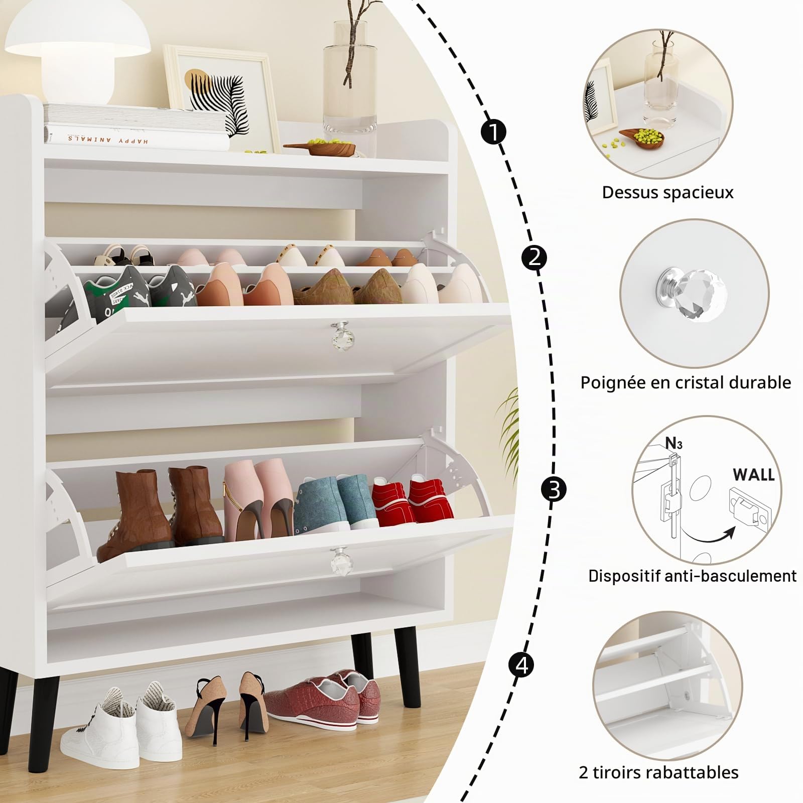 VOWNER Meuble à Chaussures, Armoire Rangement Entrée, Blanc, 80x100cm