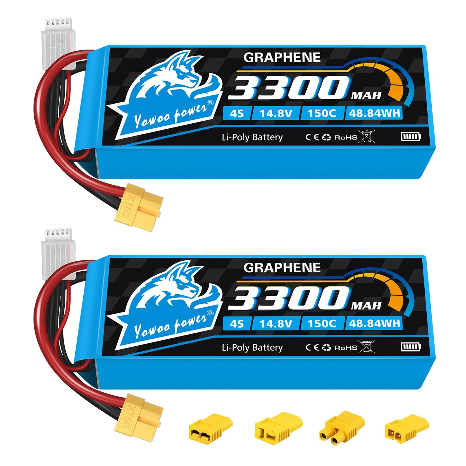 Yowoo 2 Pack 4S Lipo Battery 3300mAh 150C 14.8V Graphene Battery with XT60 Connector for Axial E-flite RC Airplane Plane Quadcopter Drone EDF Jet Car Truck Vehicle Boat Models (Including 4 Adapters)