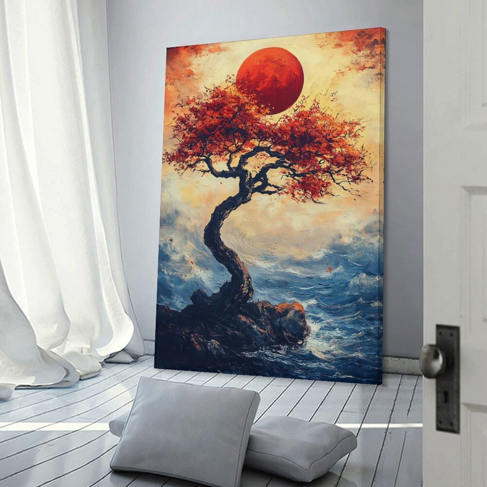Junmoney Canvas Art Print Crimson Moon Over Stormy Seas, 12x18inch(30x45cm), for Calm Bedrooms, Home Corners Or Flats, A Warm Accent for Relaxed Interiors