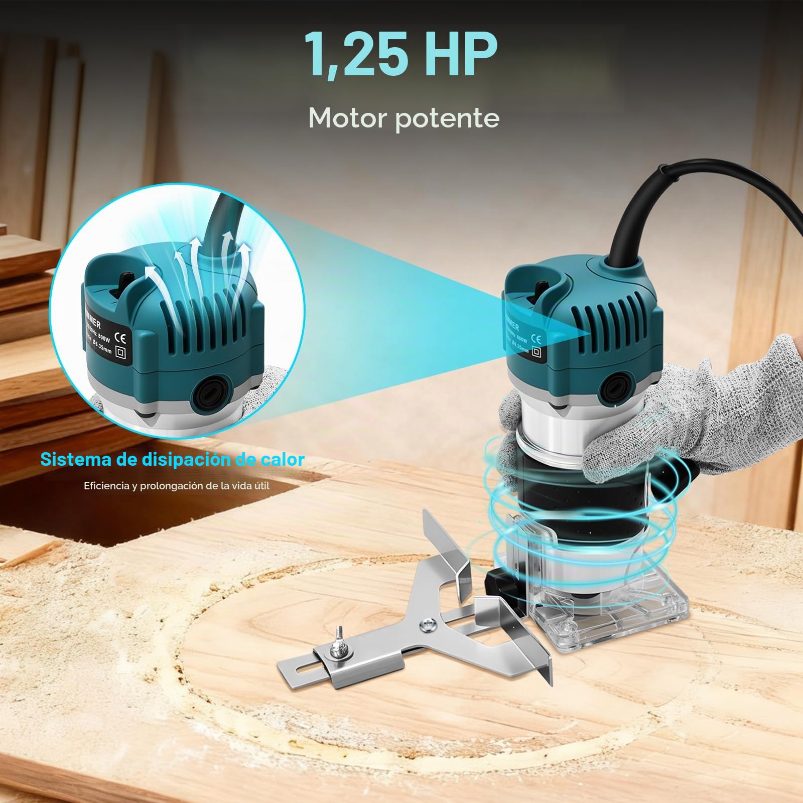 Fresadora para Madera, 800W 30000RPM Rebajadora Eléctrica, Fresadora de Mano mit Juego de 15 Fresas de 1/4" (6,35 mm) para Bricolaje, Carpintería, Base Transparente| Carcasa de Aluminio