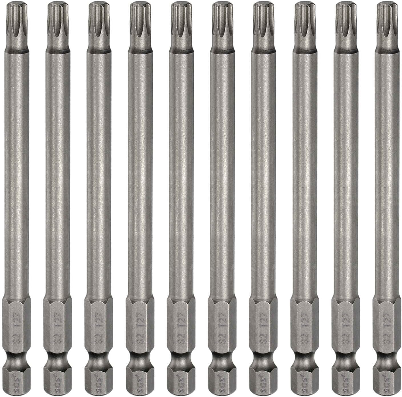 HARFINGTON 10pcs T27 Torx Head Screwdriver Bit 1/4" Hex Shank 4" (100mm) Long Magnetic No Hole Tip Tamper Proof 6 Point Star Screw Driver Drill Bits S2 Steel Industrial Power Screwdrivers
