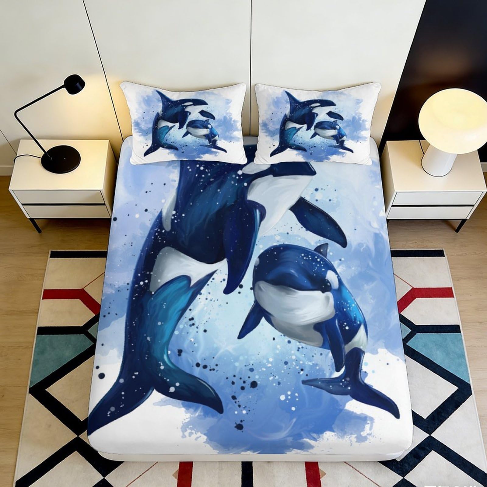 Jqzkxnhpbr Style-1 3D Printed Orca Ocean Fitted Sheet Microfiber Anti-Slip Whale Mattress Cover Bedroom Decor Machine Washable 90X200x25cm