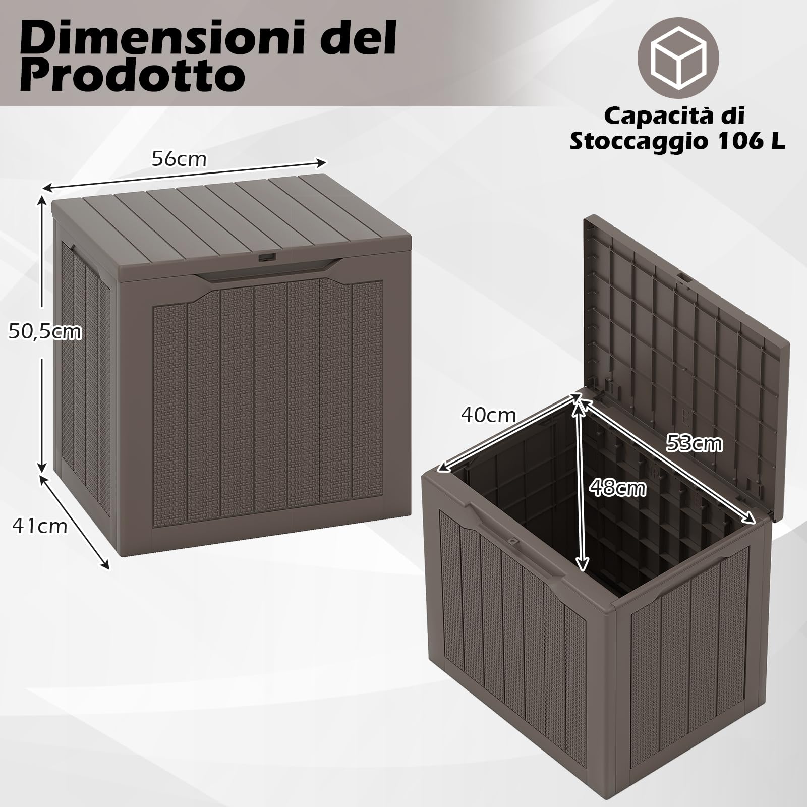 COSTWAY Baule da Esterno 106 L, Cassapanca Contenitore Impermeabile con Coperchio Bloccabile e Maniglie Laterali, per Giardino, Terrazzo e Cortile, 56 x 41 x 50,5 cm (Marrone)