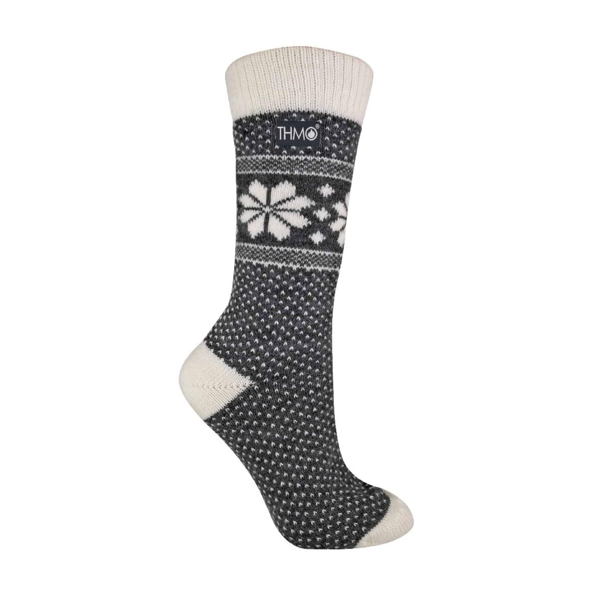 Thmo Ladies Vintage Nordic Fairisle Style Winter Wool Blend Socks - Grey