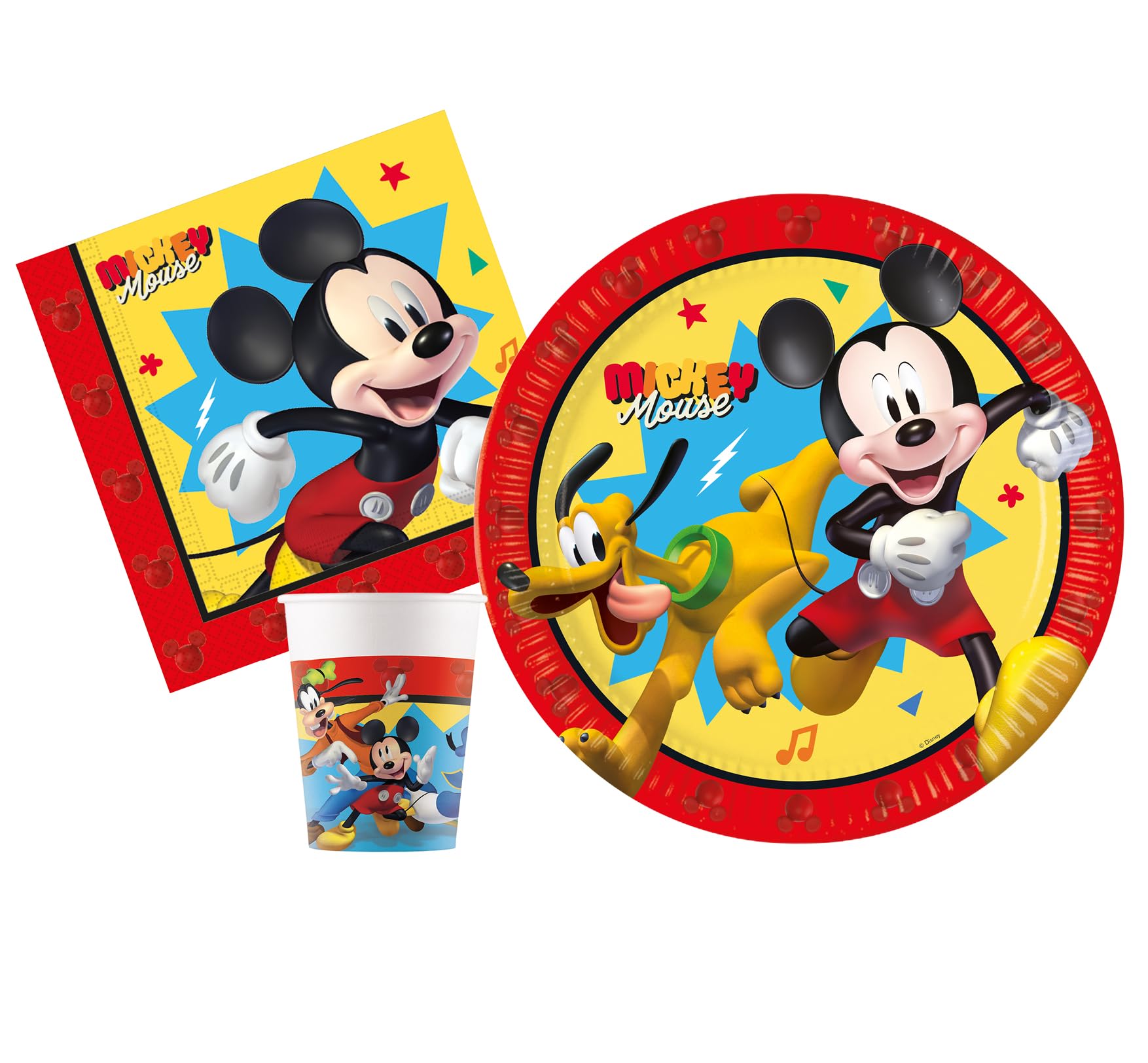 Tableware Party Pack Disney Mickey Jump into Fun for 8 people (36 pcs: 8 plates Ø23cm, 8 cups 200ml, 20 napkins 33x33cm) in eco-friendly compostable FSC paper