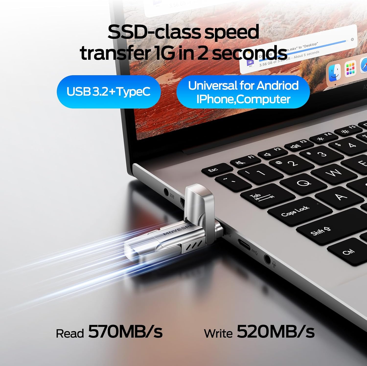 MOVE SPEED 1TB Solid State Flash Drive 570MB/s High Speed USB Drive with Type C + USB 3.2 Drive Dual Port, Thumb Drive Compatible with iPhone 15, 16,17 Series/Android/Phone/MacBook/Audio/Smart TV - Image 3
