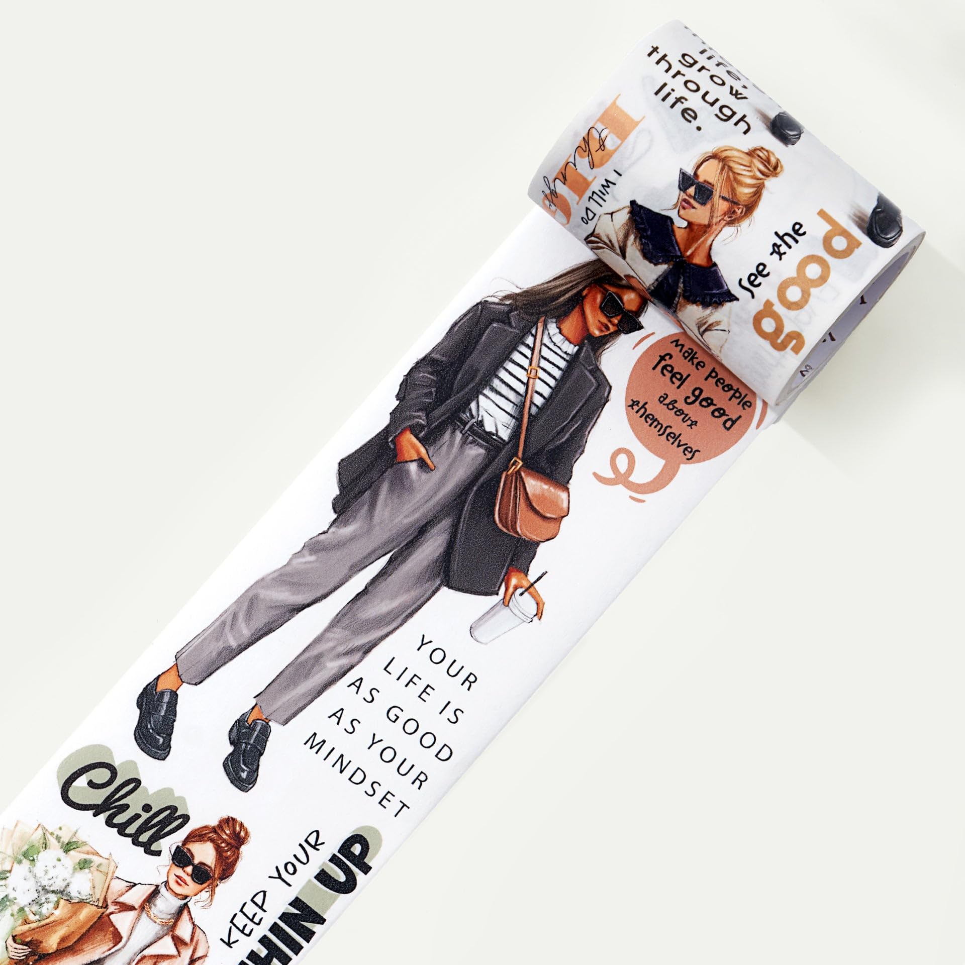 WTChic Attitude Wide Washi Tape, Single Roll, Original Designs, Characters Decorative, Girls Outfits, Journal Scrapbook Bujo Planner DIY Craft Supplies, Watercolor Vintage Adhesive Paper Tape