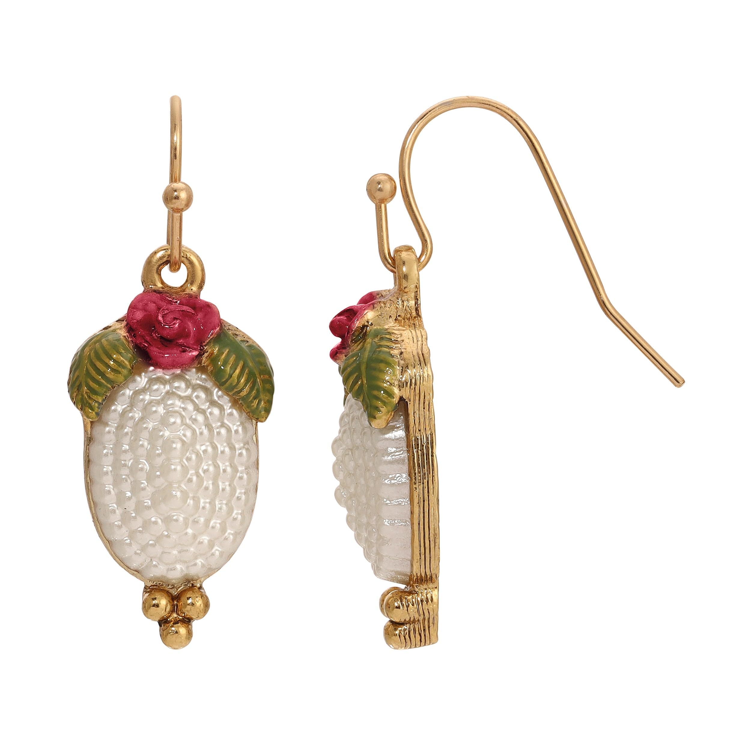 Eden Rose Enamel Oval Faux Pearl Drop Earrings by 1928 Jewelry