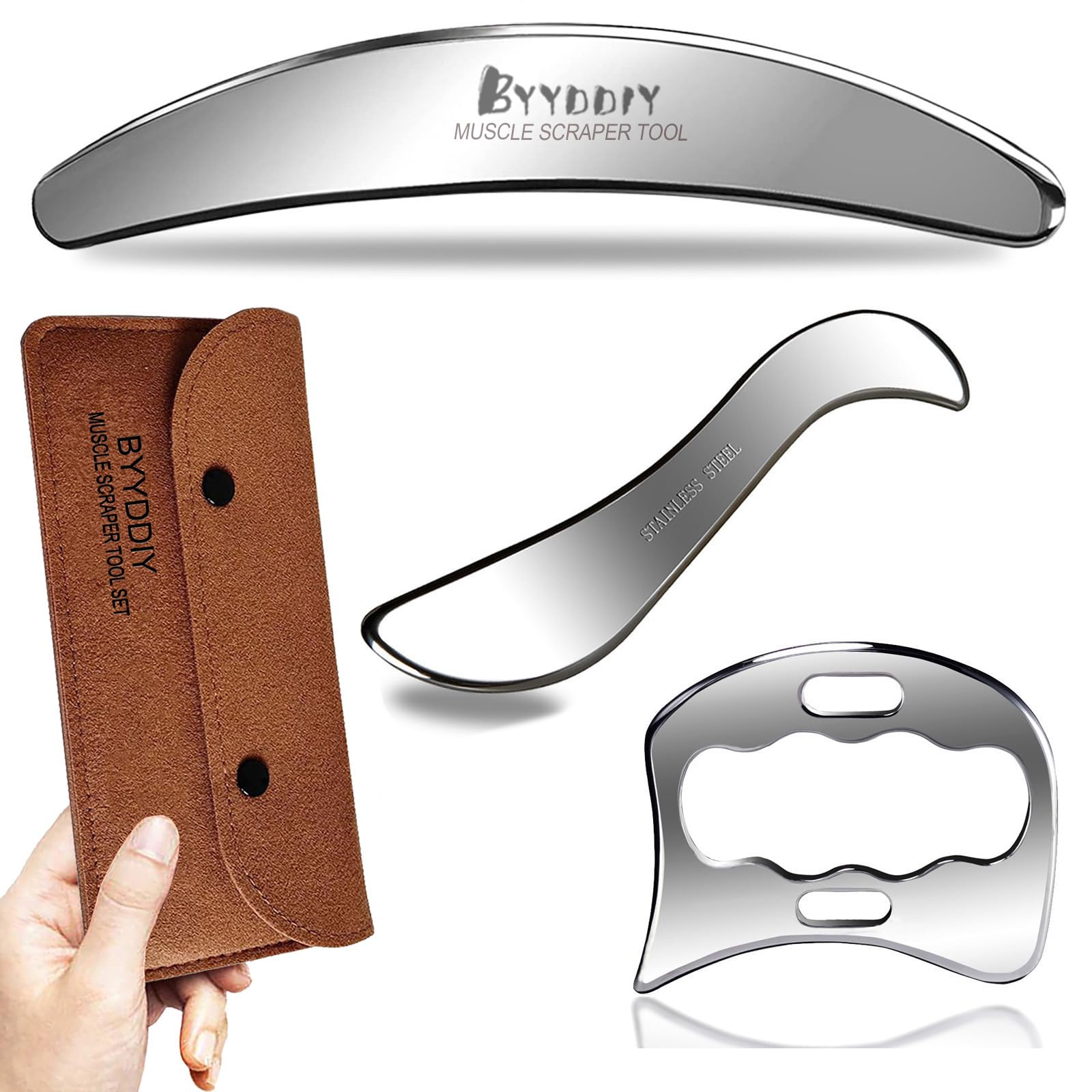 BYYDDIY 3 in 1 Stainless Steel Muscle Scraper Tools Set,Scraping Massage Tools for Physical Therapy,Derma Edge & GuaSha Massage Scraper Tool