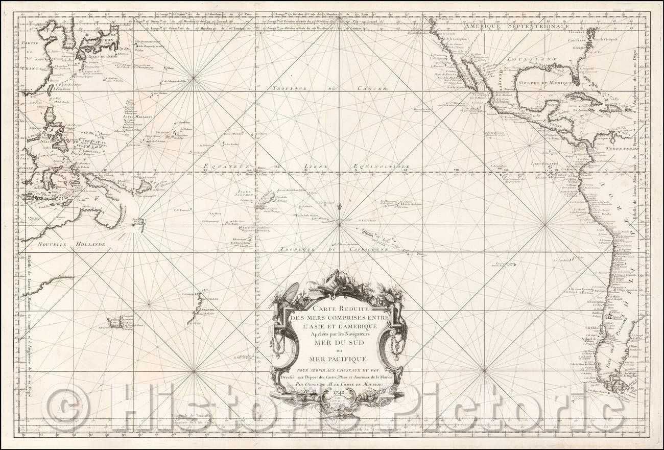 Historic Map - Carte Reduite Des Mers Comprises Entre L'Asie et L'Amerique Apelees par les Navigateurs Mer Du Sud ou Pacifique, 1756, Depot de la Marine v1 24in x 16in