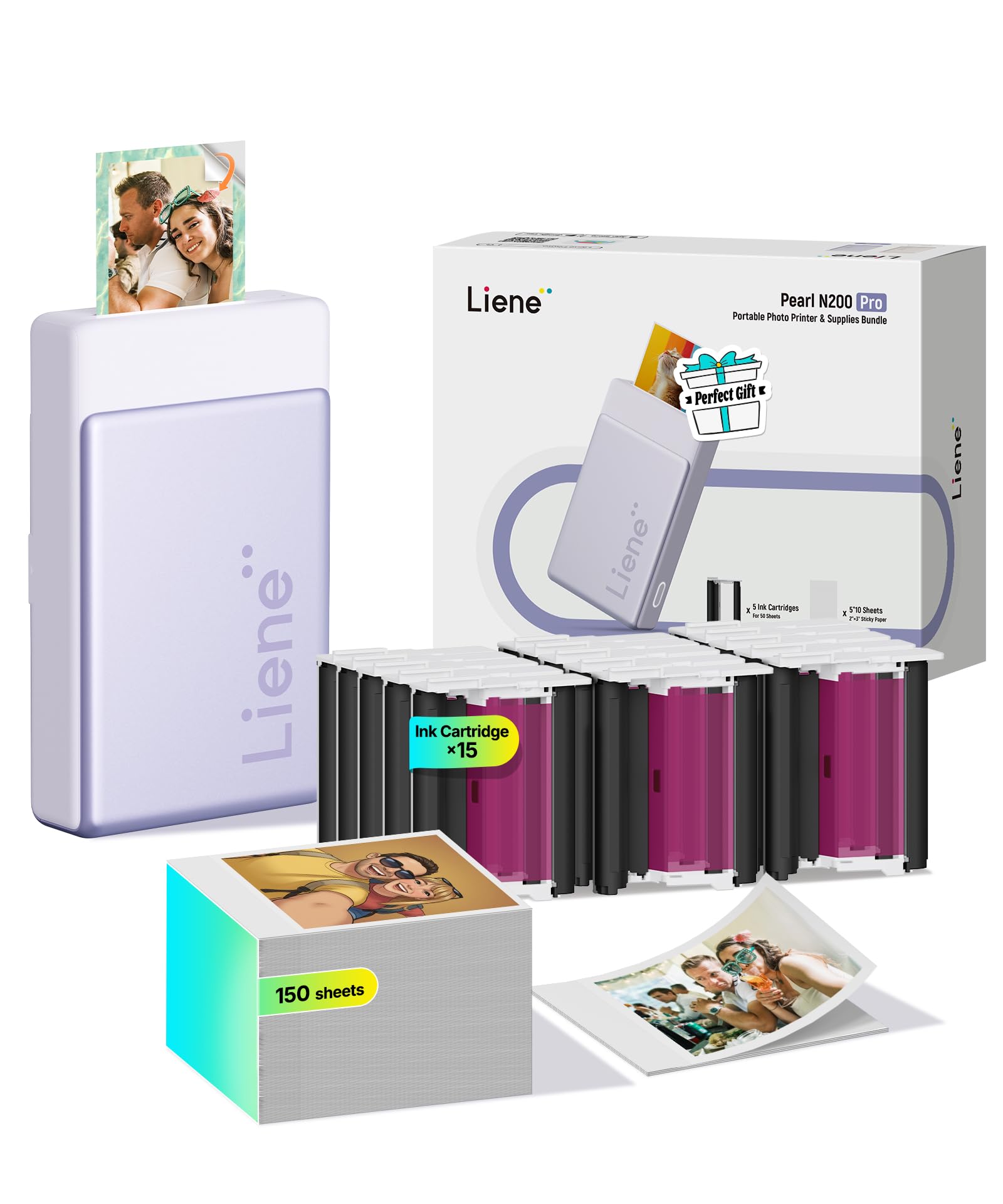 Liene Pearl N200 Pro Max Packet – Tragbarer Mini-Fotodrucker mit Farbsublimation, inkl. großzügigem Fotopapier- & Farbband-Vorrat, Bluetooth, 300 dpi, Sofortbilddrucker für iPhone/Android, Akku, Viole