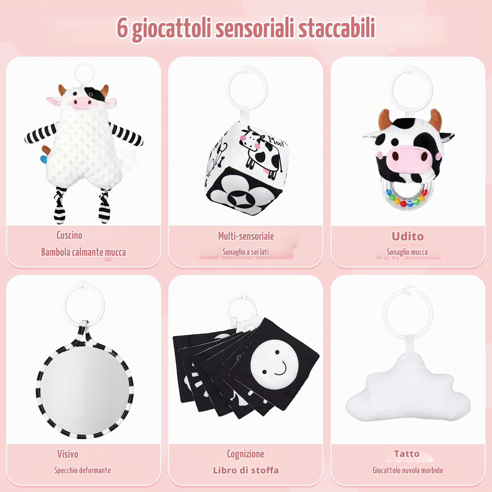 Palestrina Neonate,Vacca Tappeto Gioco Neonate, 3in1 Antiscivolo Addensato | Tappetino per Attività Sensoriali,Arco Di Gioco,6 Giocattoli Rimovibili,Regalo Neonate,0-3-6-9-12 Mesi