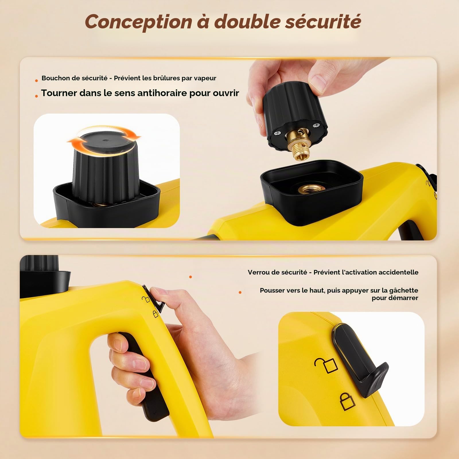 Nettoyeur Vapeur,Nettoyeur Vapeur Portable avec serrure de sécurité et kit d'accessoires de 10 pièces,Steam Cleaner pour Taches sur Vitres,lit,Matelas,Tapis,Voiture,Cuisines（Jaune）