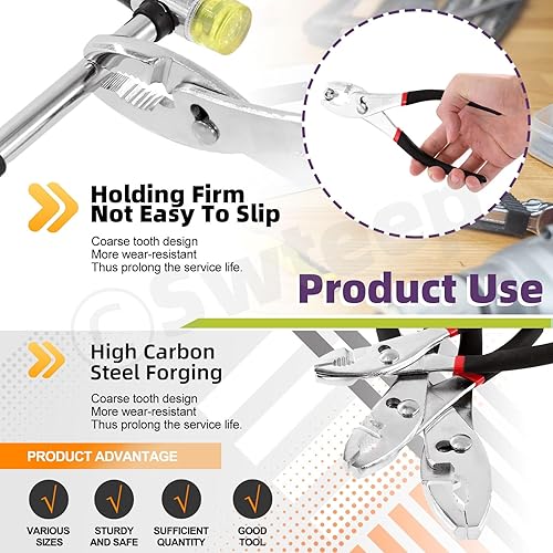 Miniatura 6 de Swpeet Juego de 3 alicates deslizantes de acero negro de 6 pulgadas, 8 pulgadas, 10 pulgadas, juego de alicates de agarre múltiple, junta deslizante