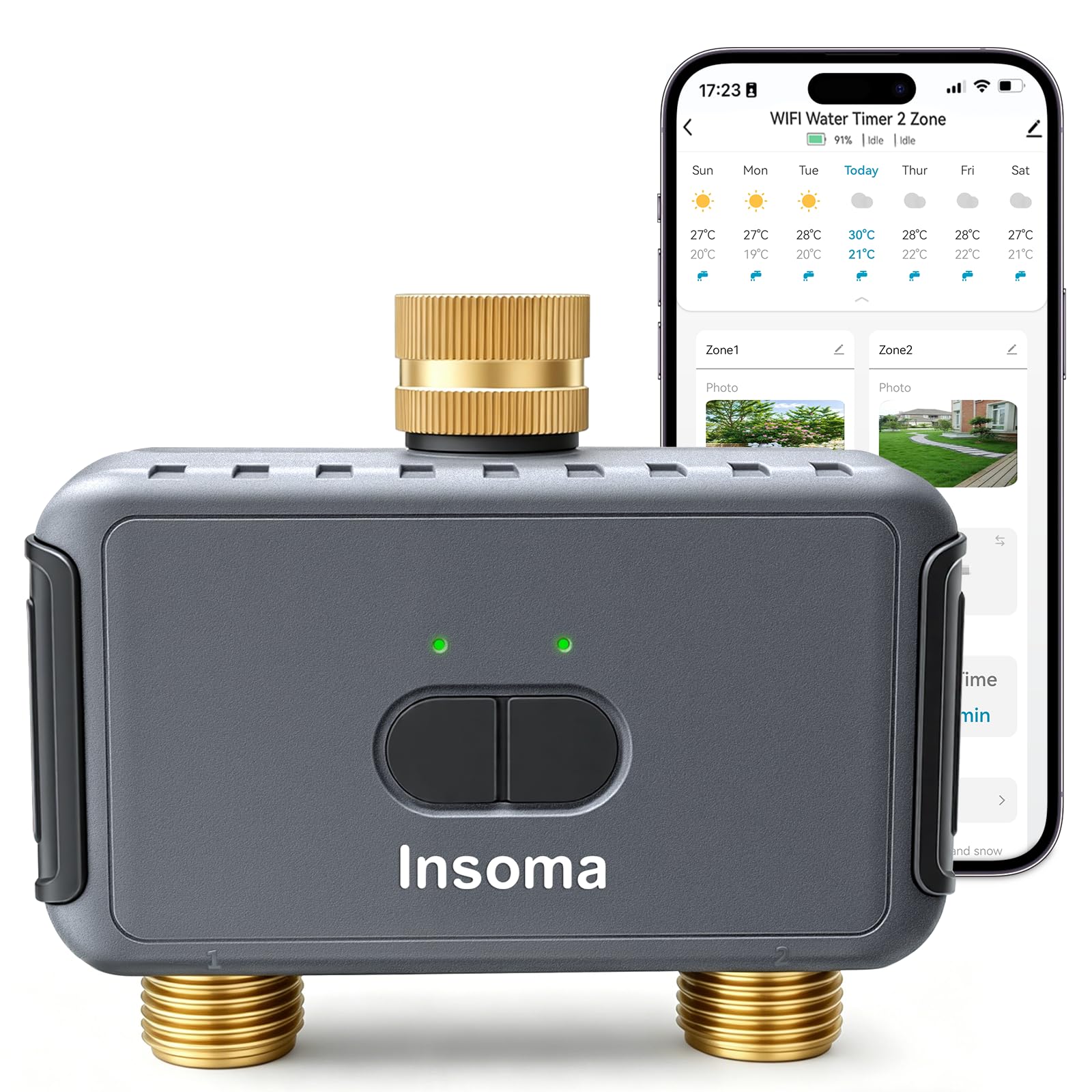 WLAN Bewässerungscomputer 2-Zonen, Messing EIN/Auslass, App/Sprachsteuerung | Kein Gateway nötig, 2,4 GHz WLAN, 20 individuelle Bewässerungspläne, einfache Einrichtung per App, ideal für Garten & Rasen