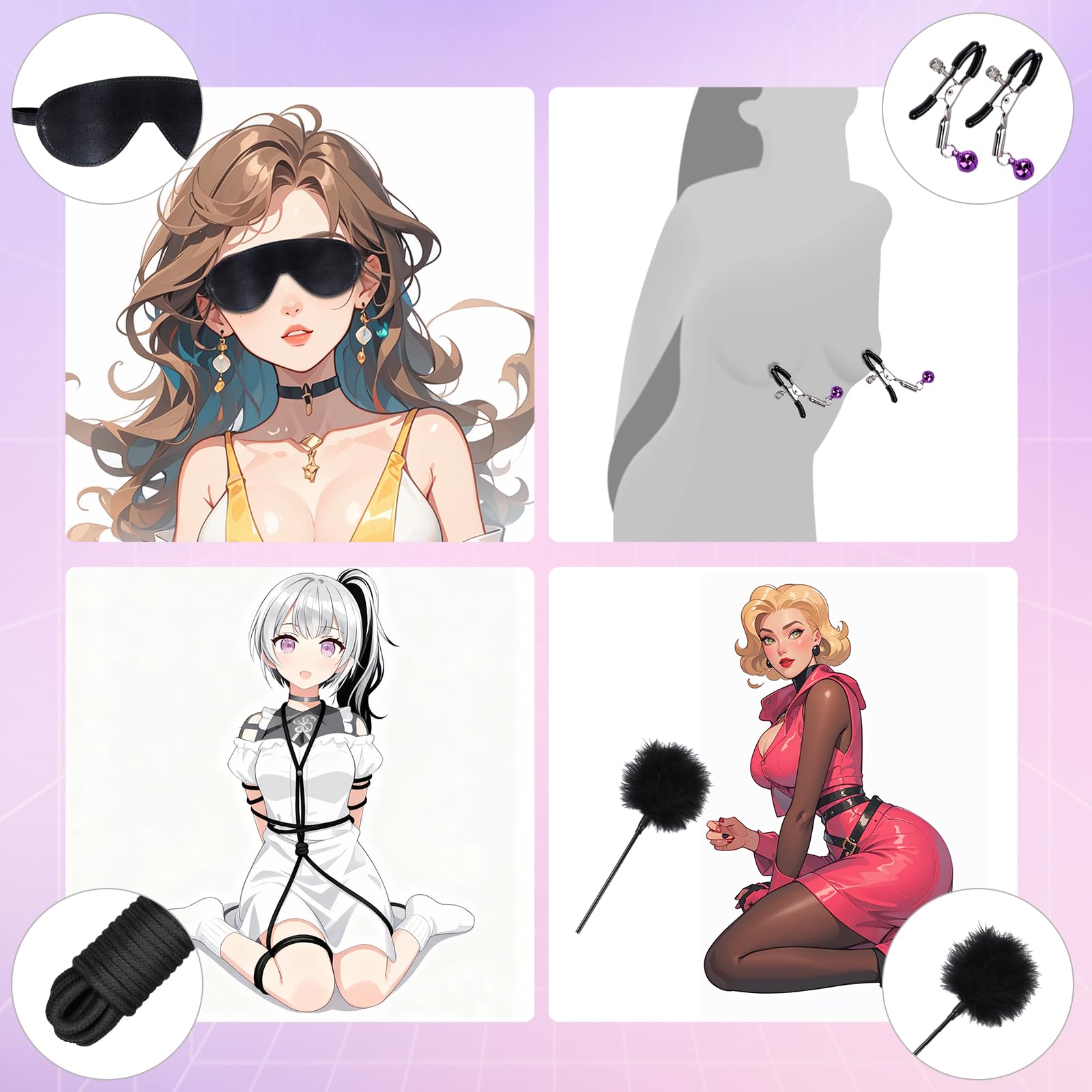 Kit BDSM Bondage 26 Pièces Qoosea pour Couples Menottes Réglables Entraves Cheville Collier avec Set de Plug Anal Pinces à Tétons Fouet Cache-yeux Boule Baillon Jouets Vibrants pour Jeu Sensuel Adulte