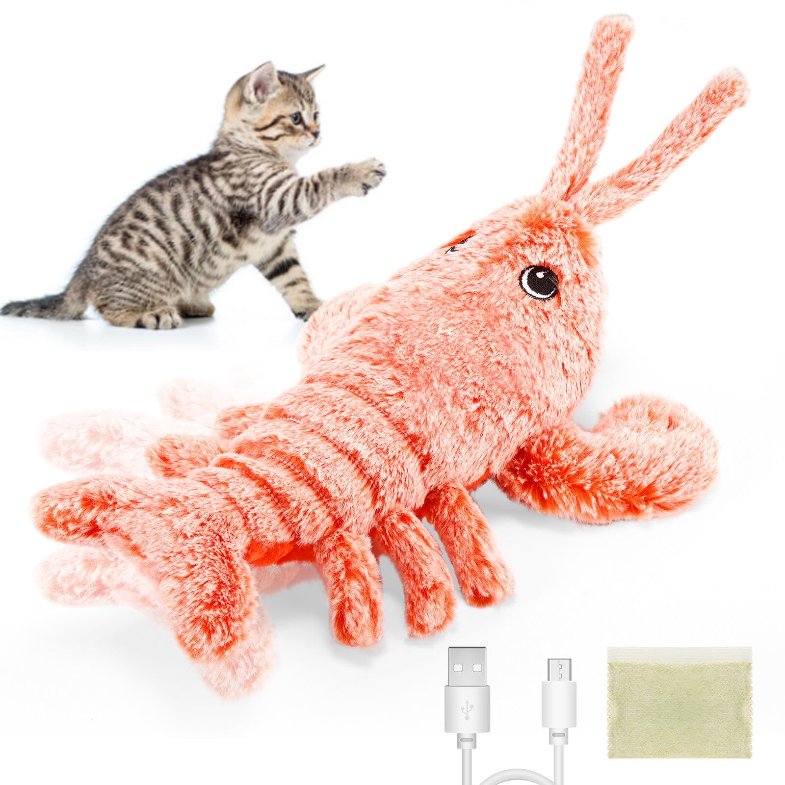 Kinberry Interactive Cat Toy,Electric Moving Jumping Shrimp for Indoor Cats Adult Realistic Flopping Plush Toy Washable with Catnip 3 Vibration Modes USB Rechargeable Low Noise for Cats Dogs