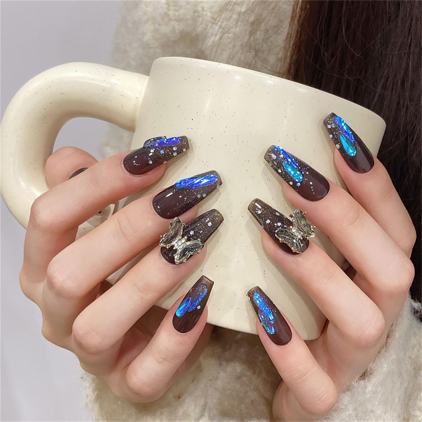 Coffin Medium Handmade Press on Nails Aurora Diamonds Nail Art Decoration Sparkling Manicure for Women and Girls 10PCS (YH-S)