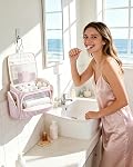 Narwey Sac de toilette suspendu pour les femmes, grand sac cosmétique de maquillage large ouvert avec poche humide, organisateur portable multi-poches pour le voyage & Accessoires de toilette de taille complète (bande de couleur rose)