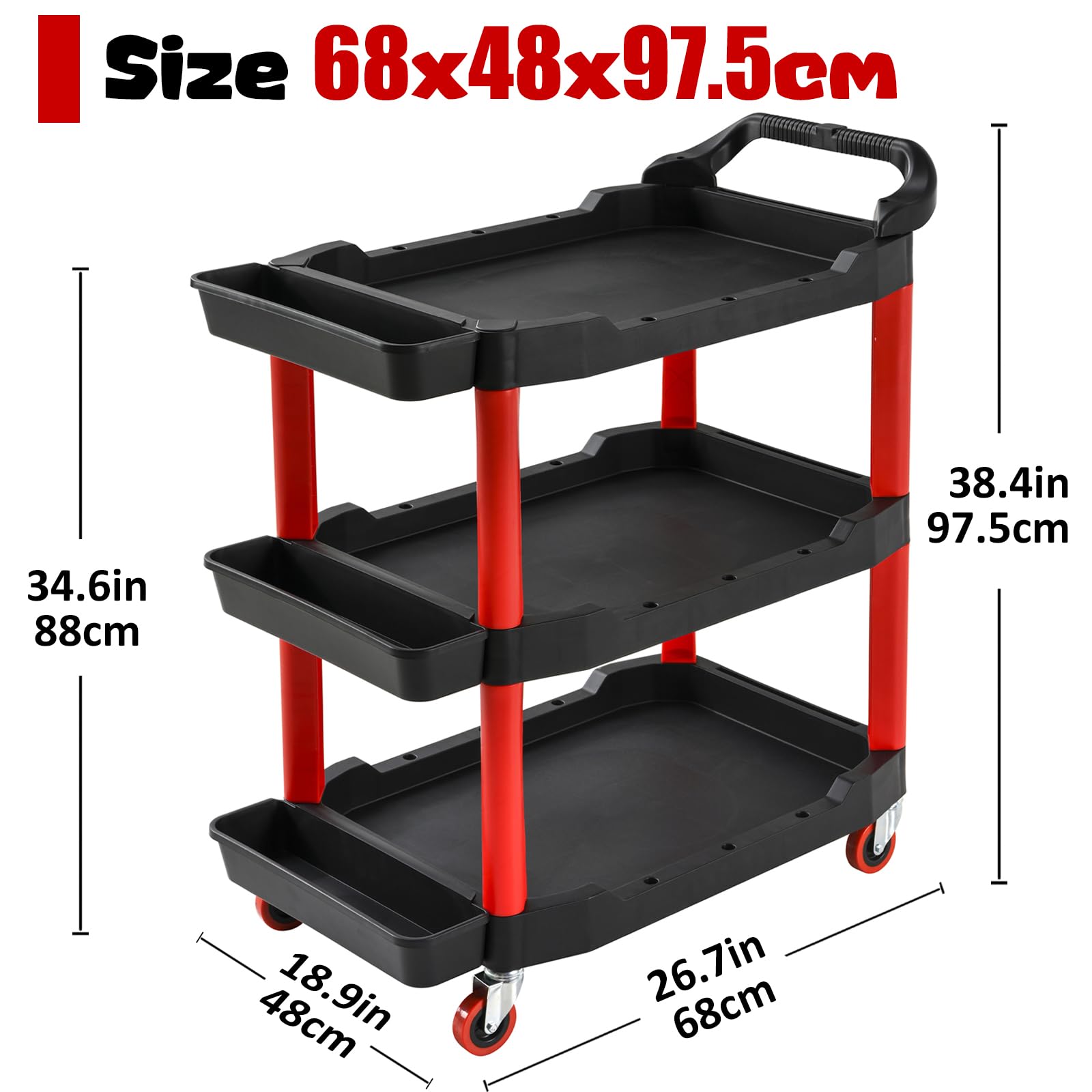 Carrello portautensili 200 kg, 3 ripiani, 3 scatole portaoggetti, carrello da officina con ruote girevoli bloccabili, carrello organizer per garage, magazzino industriale, cura dell'auto, 97,5 x 68 x