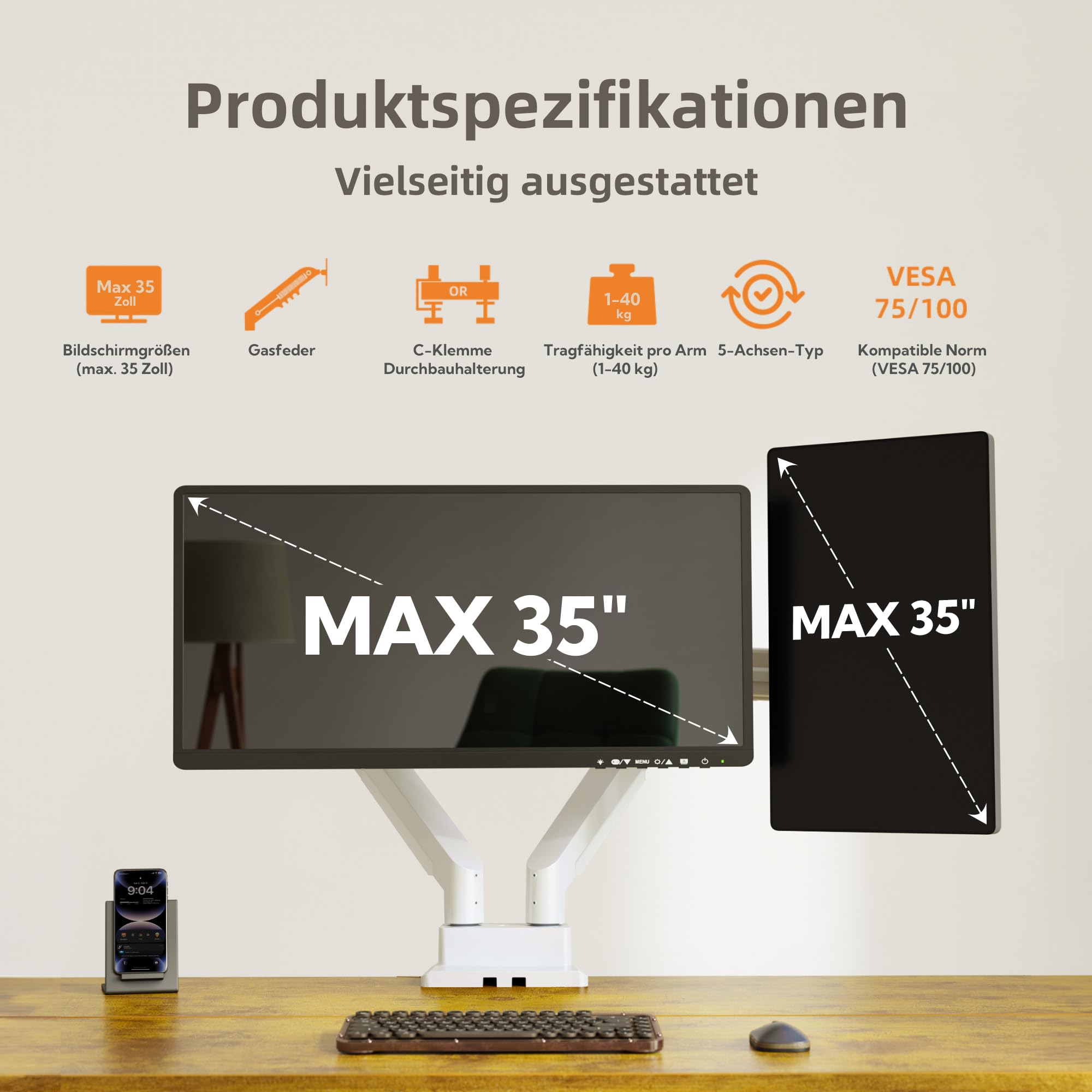 Claiks Monitor Halterung 2 Monitore für bis 17-49 Zoll Curved und Flach, Dual Monitor Halterung Höhenverstellbar Neigbar Schwenkbar Drehungbar,VESA 75x75/100x100 mm,Hält 1~20 kg,Weiß