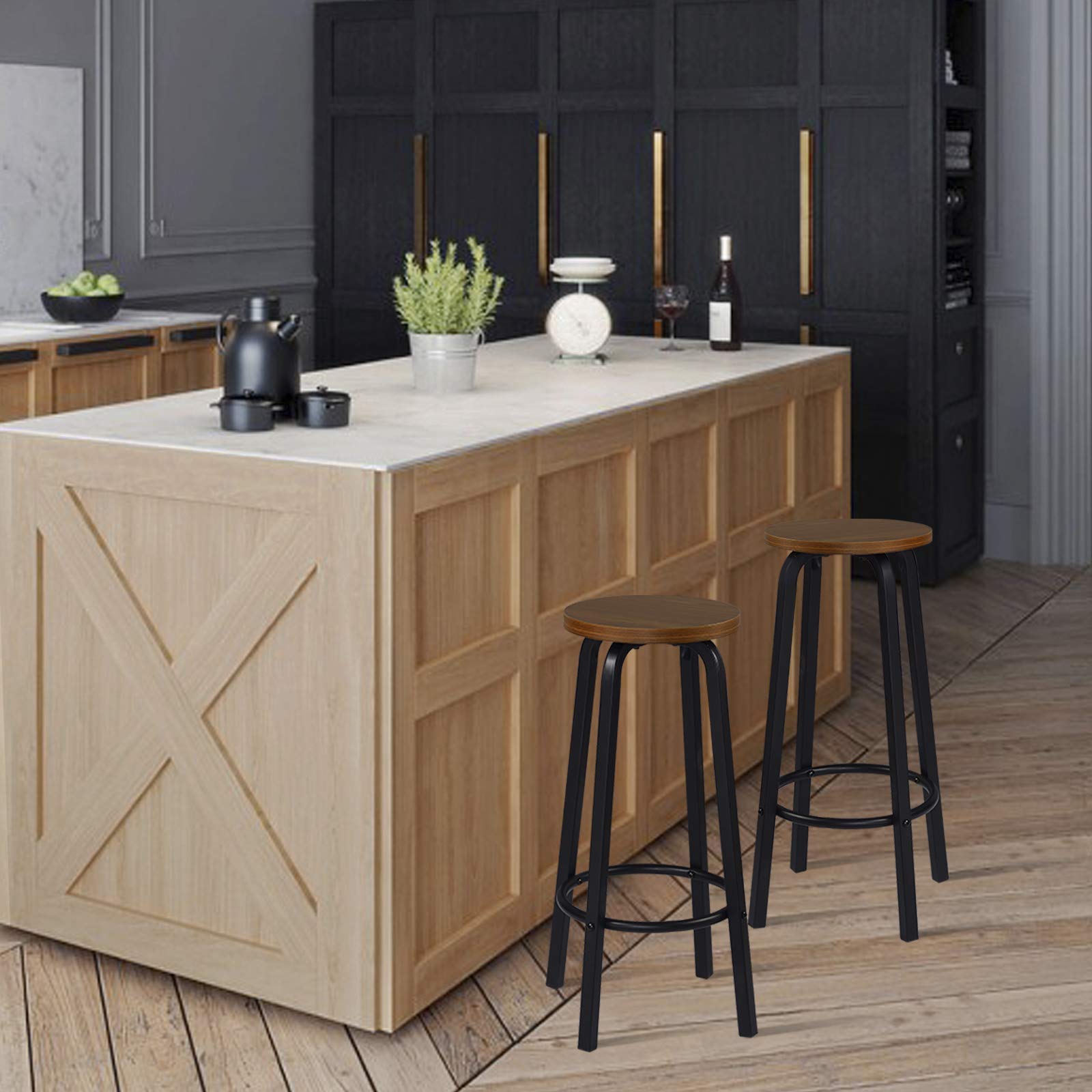 WOLTU Taburete de Bar Juego de 4, Estructura de Metal, Marrón Oscuro | Taburete Alto Cocina para Salon Cocina, Asiento de MDF