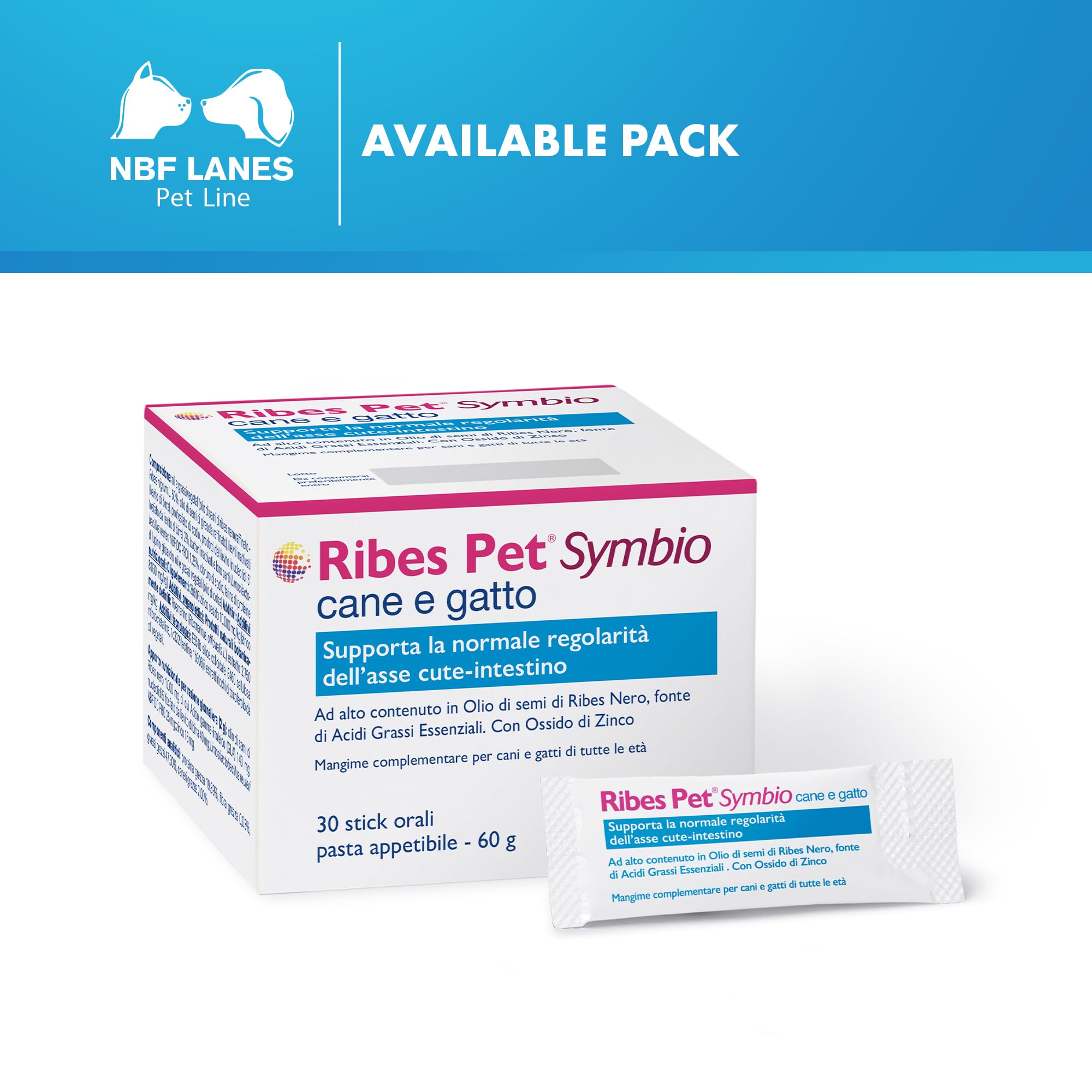 NBF Lanes | Ribes Pet Symbio Chien et Chat, 30 Bâtons de Pâtes Appétissantes 60 g, Prend en charge la Régularité normale de l'Axe Cute-Intestin