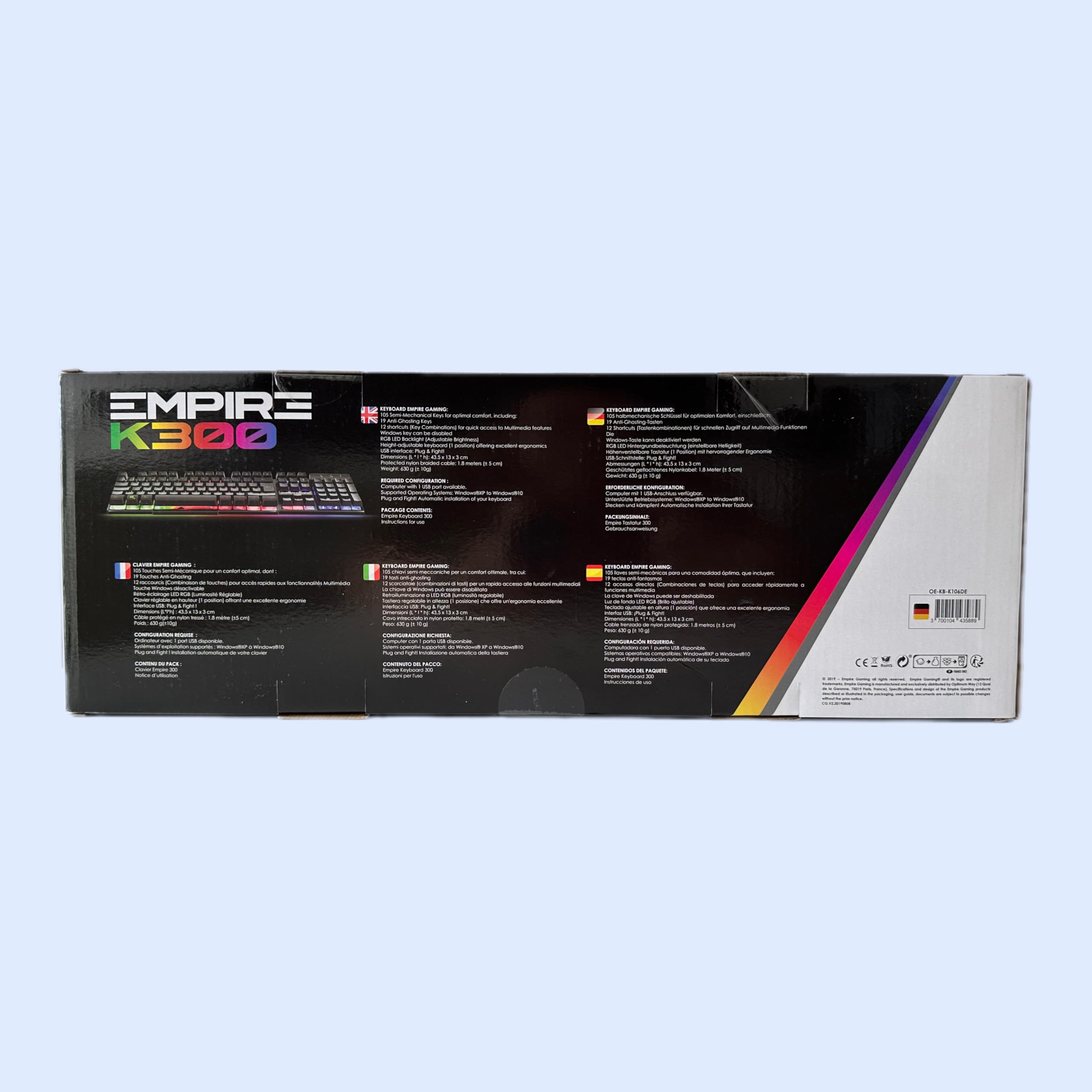 EMPIRE GAMING PC-Tastatur Empire K300 QWERTZ – 105 halbmechanische Tasten, davon 19 Anti-Ghosting-Tasten, 12 Multimedia-Shortcuts, LED-RGB-Rückbeleuchtung