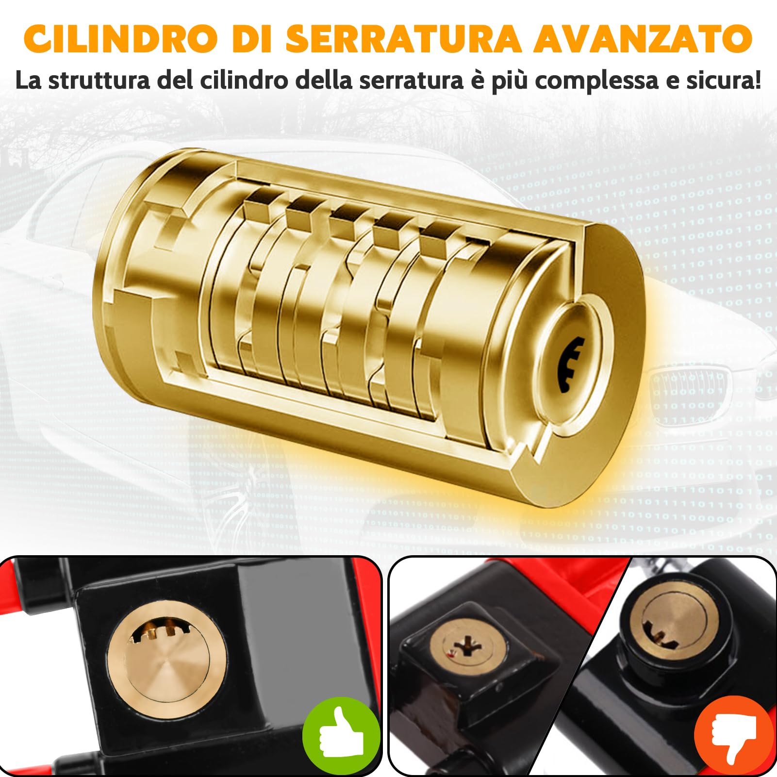 Tevlaphee Blocca Sterzo Automobile, Bloccasterzo Auto, Alta Visibilità, 3 Chiavi (Rosso)