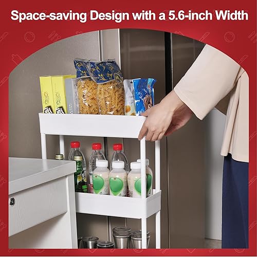 Miniatura 3 de Dinkich Carrito de almacenamiento delgado de 4 niveles, organizador de estantería móvil de cocina, carrito rodante con ruedas bloqueables, carrito