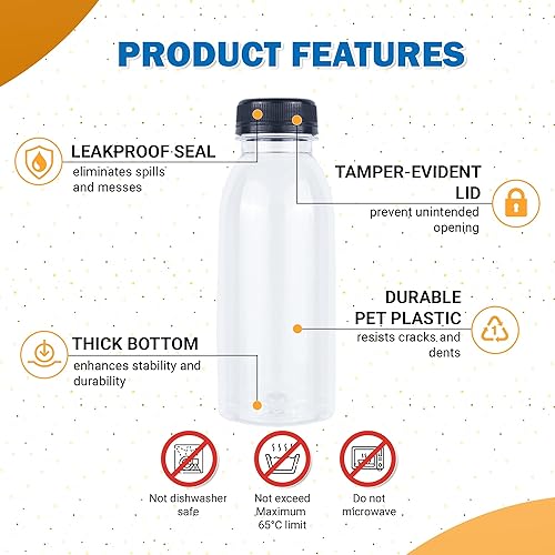 Miniatura 9 de Holotap 42 botellas de plástico de 10 onzas con tapas botellas vacías de jugo desechables a granel de PET con tapas negras a prueba de