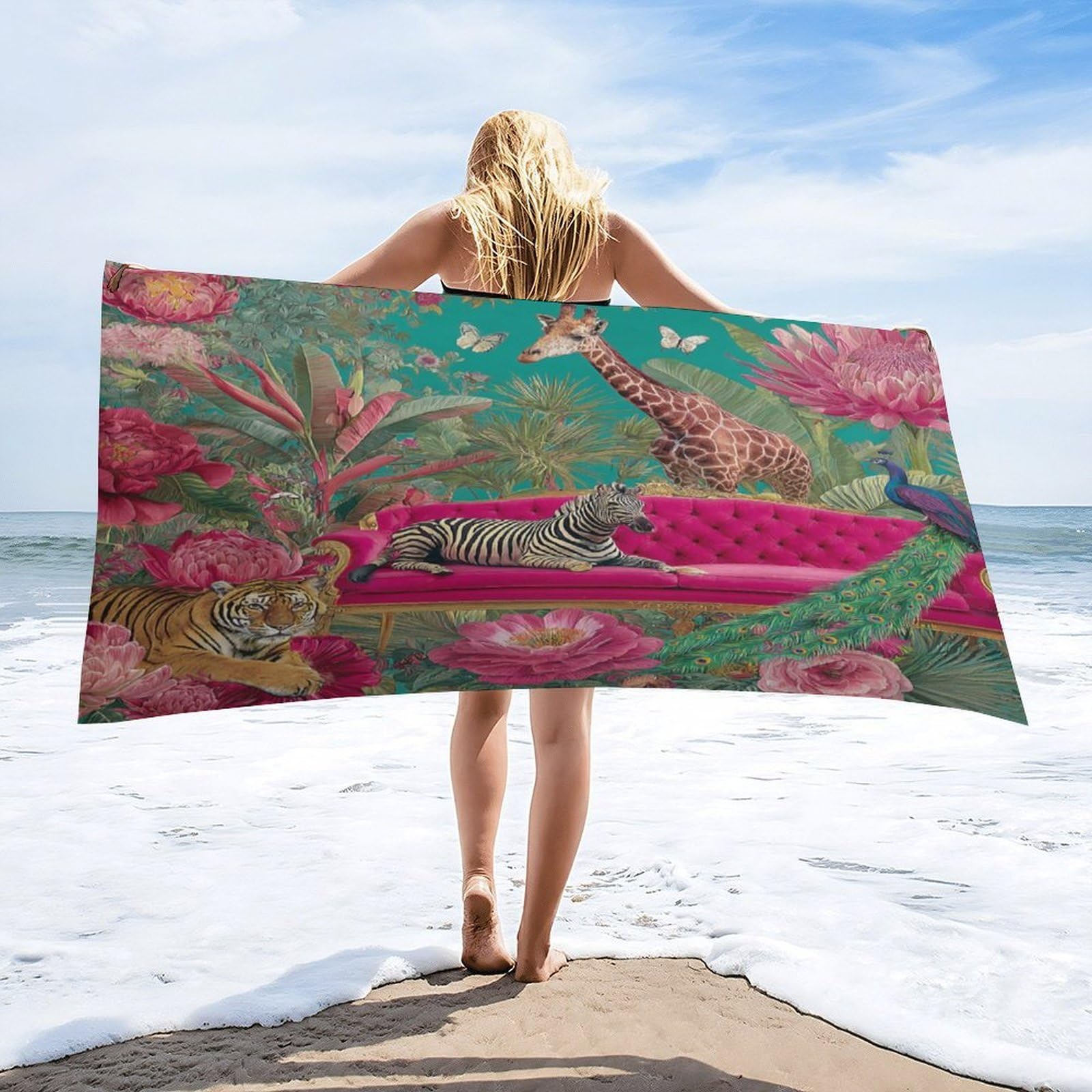 Luyysky Vintage Realistic Tiger Giraffe Absorbent Beach Towel, Mid Century Elegant Tropical Animal Zebra Peacock Butterflies Flowers Outdoor Single-Sided Velvet Beach Towel-80 W Cm X 160" L Cm