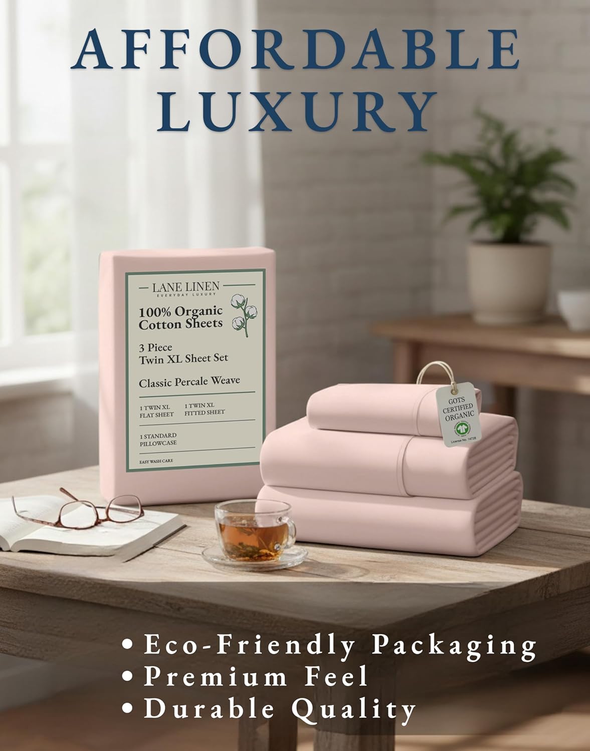 LANE LINEN 100% Organic Cotton Twin XL Bed Sheets Set, Machine Wash Fully Elasticized Twin XL Sheet Sets, Luxury Hotel Percale Bedding Sheet & Pillowcases, Soft & Comfy -Sepia Rose - Image 8