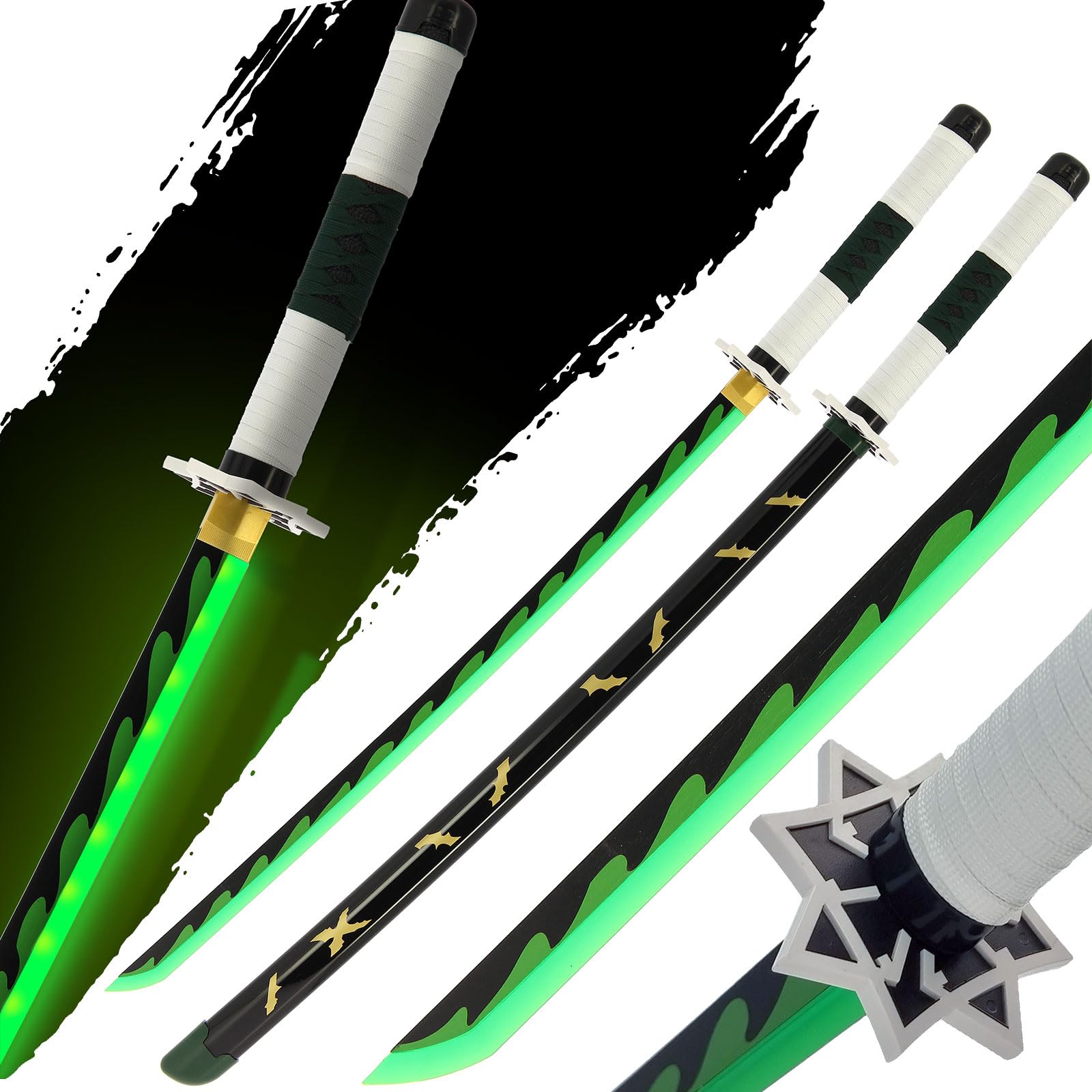Wood Bamboo Sword With LED Light-Up Blade Anime Replica Halloween Cosplay 104cm Blunt Prop Anime (Soni Gawa Green)