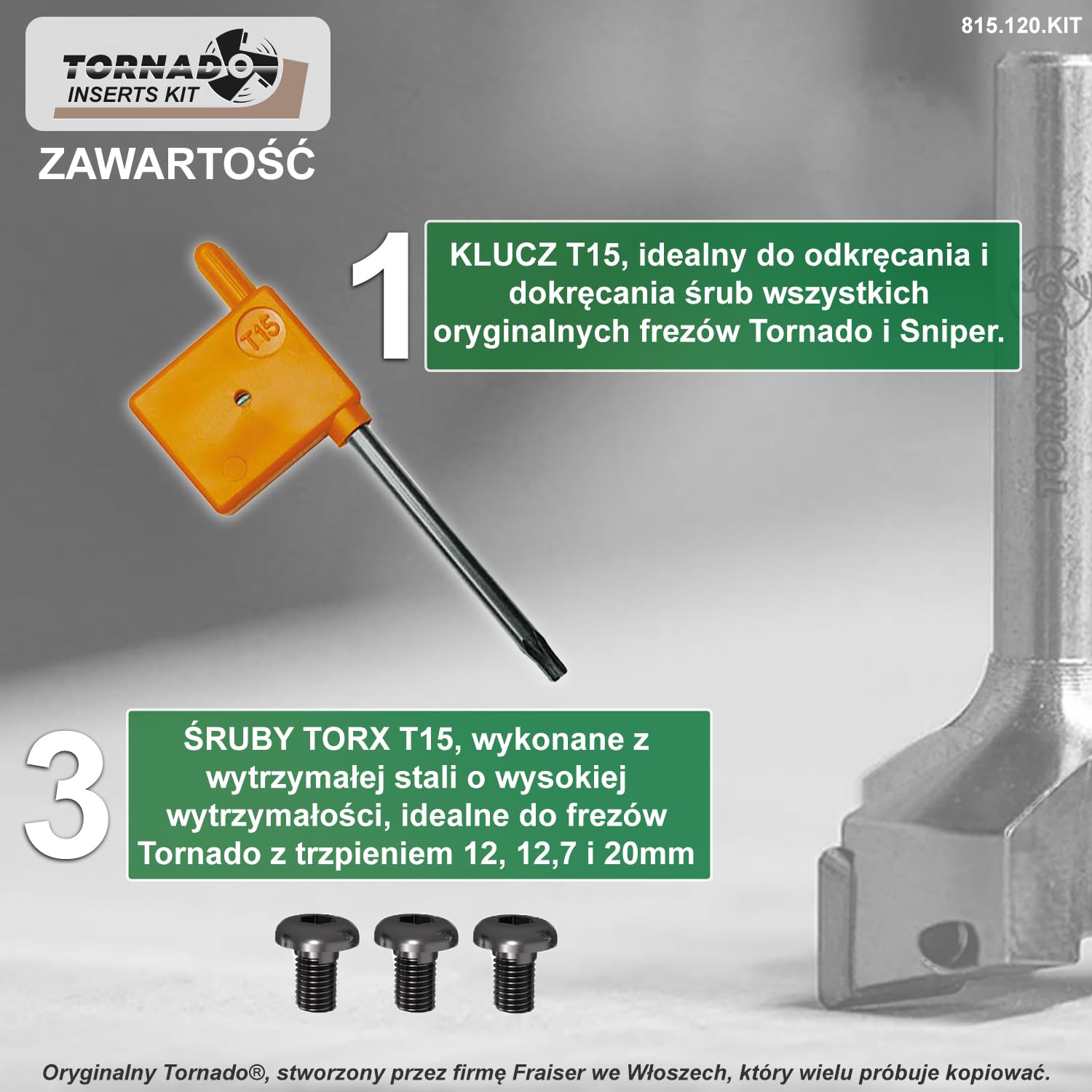 Fraiser Tornado zestaw zapasowy z 10 nożami / wkładkami z węglika spiekanego 12 mm, 3 śruby, klucz Torx T15 i Bittop - do frezu do frezowania trzpienia 12 mm