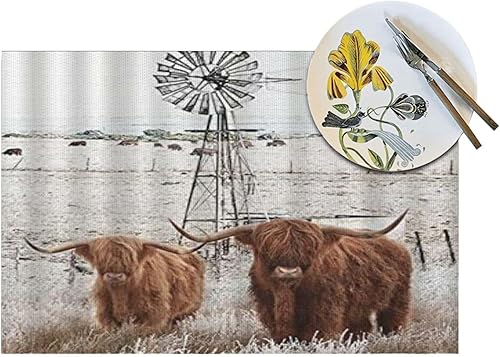 Miniatura 4 de Juego de 6 manteles individuales Bull Longhorns Highland Cow Farmhouse Animal Valla de madera Molino de viento Texas Cattle Western Country Farm