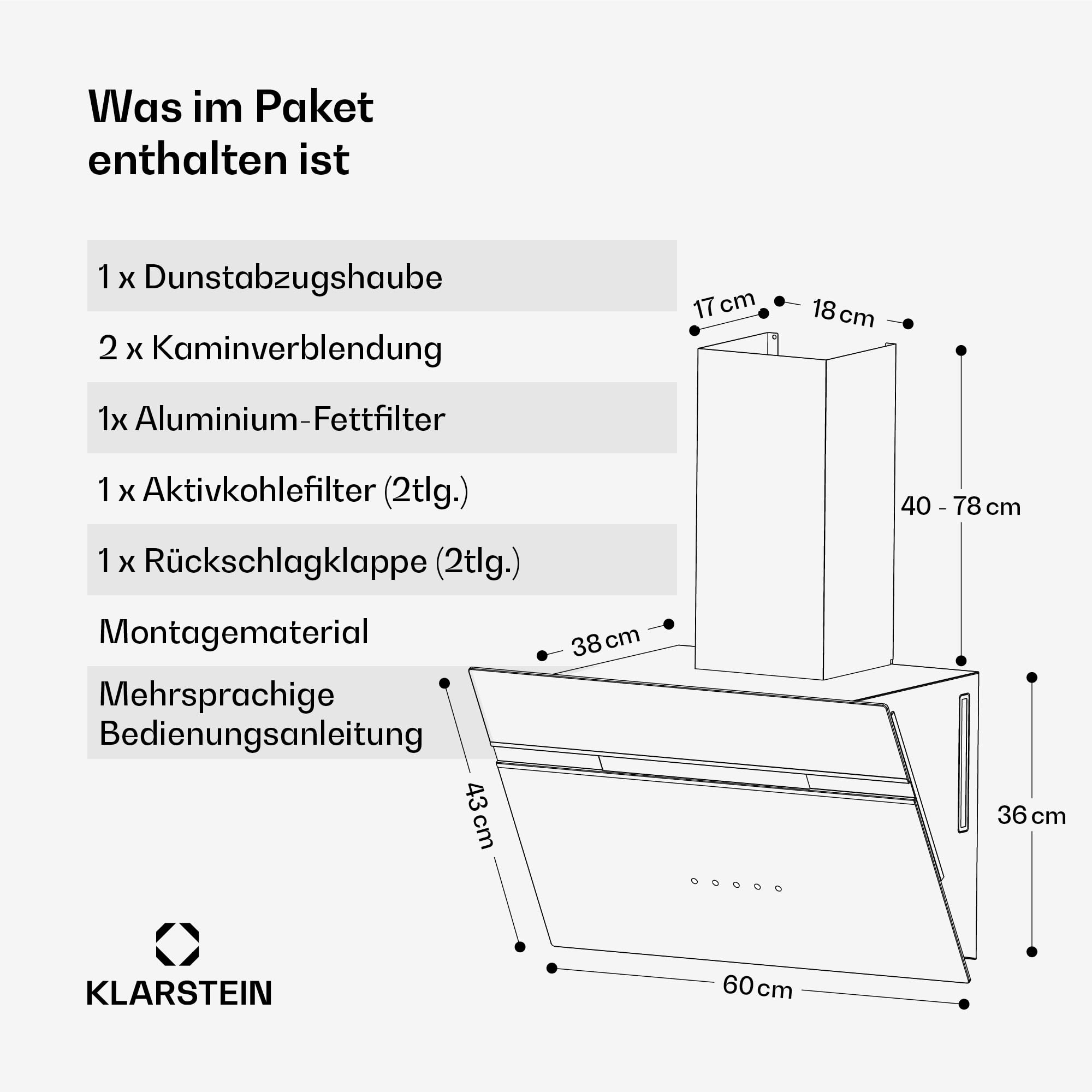 Klarstein Dunstabzugshaube Alina 60 cm Wandhaube 600 m³/h Energieeffizienzklasse A LED-Beleuchtung Touch-Bedienfeld Schwarz