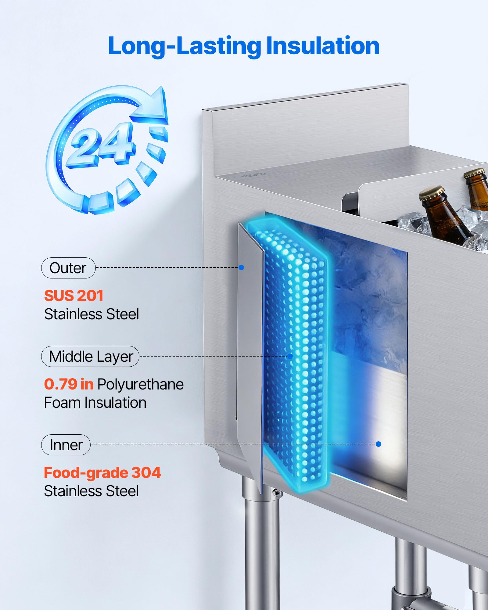 VEVOR Bac à glace commercial de 48,3 cm en acier inoxydable avec couvercle coulissant et porte-bouteille, chariot à cocktails pour bar, restaurant, pub, certifié NSF