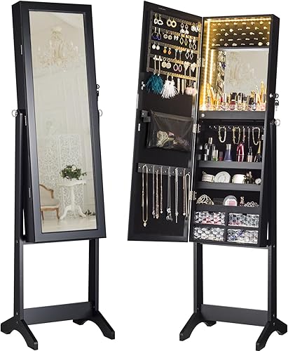 LUXFURNI Armario de joyería con espejo de pie con luces LED, espejo de longitud completa con almacenamiento, armario de joyería con cerradura