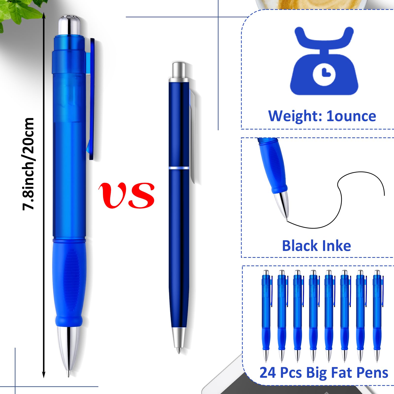 Maitys Lot de 24 gros stylos à bille épais lestés géants surdimensionnés - Grande capacité - Stabilité d'écriture améliorée avec écriture lisse - Pour bureau - Bleu
