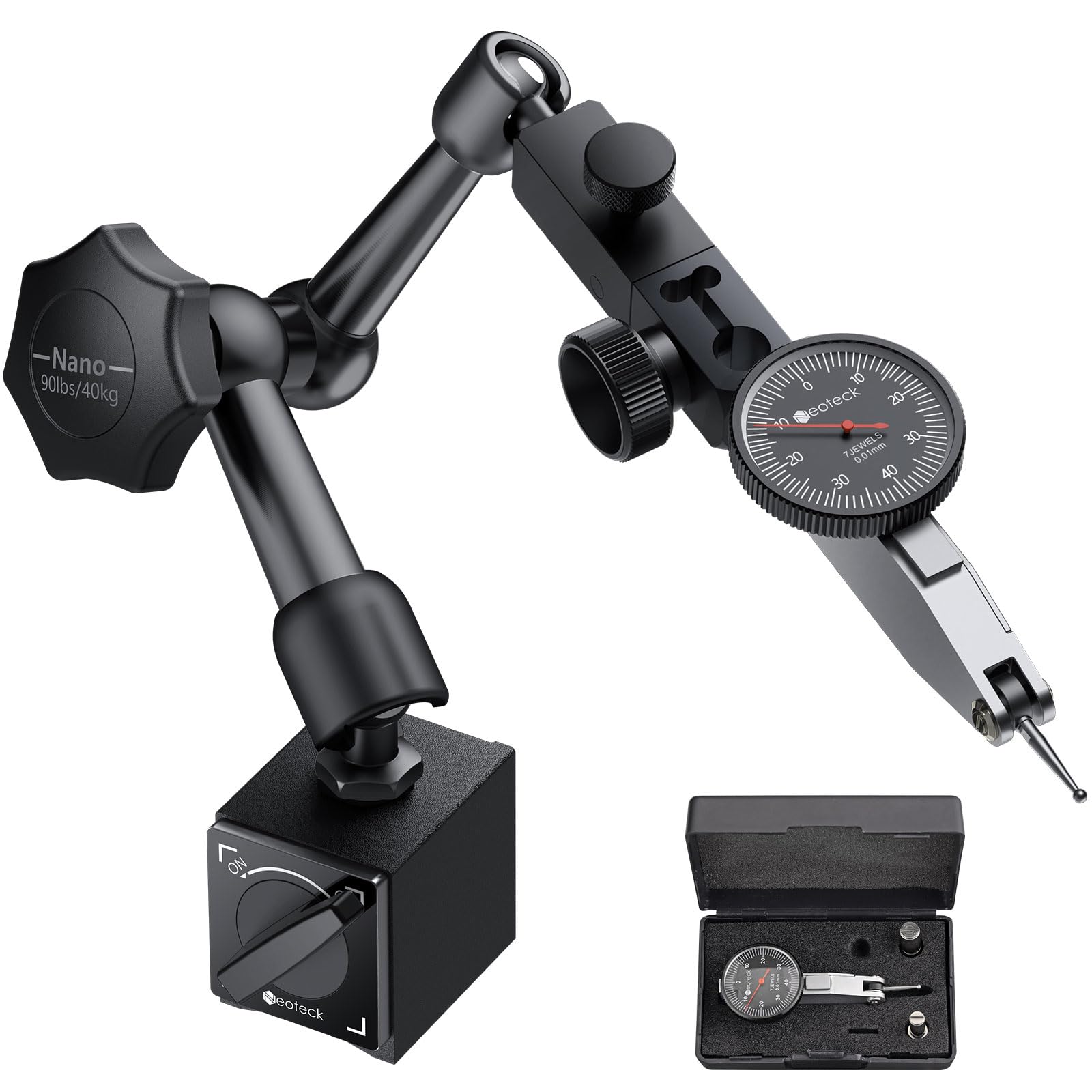Neoteck Indicatore di Prova a Quadrante 0-0.8mm con Base Magnetica 90lbs/40kg Set Comparatore a Leva Metrico 0.01mm Supporto Magnetico Forte con Custodia Protettiva per Laboratori, Officine Meccaniche
