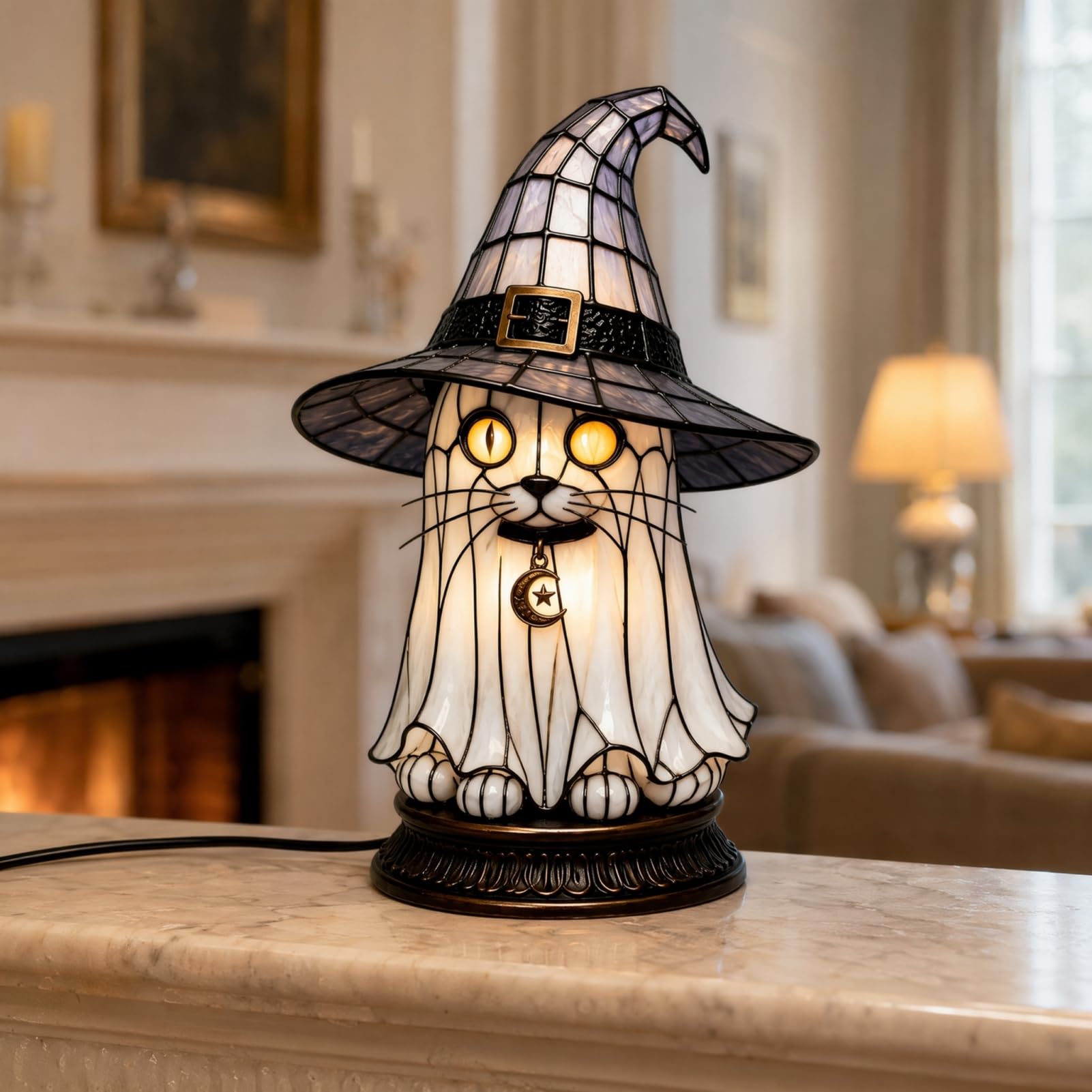 Lampa z witrażowego kapelusza czarownicy, lampka nocna na Halloween z czarnym kotem, duchem i krukiem, gotycka lampa stołowa retro z żywicy syntetycznej do sypialni, regał na książki i