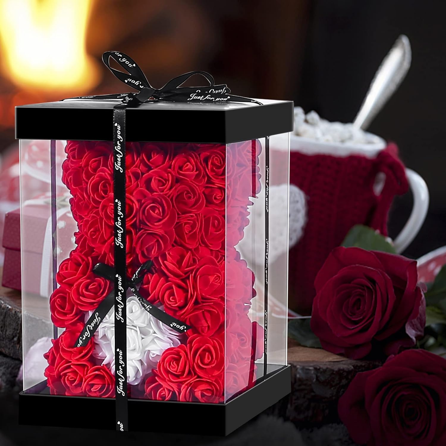 Double Couple Gift for Mom Women-Rose Cute Bear - Rose Adorable Teddy Artificial Bear - Best Gift for Valentines Day, Mothers Day, Anniversary, Birthdays - Clear Gift Box Included! 10 Inches Tall - Image 7